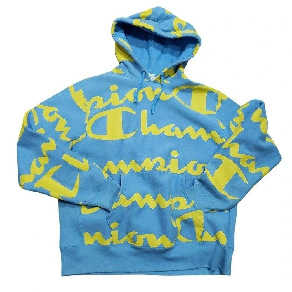 Champion Reverse Weave Hoodie Mens XL Blue Yellow All Over Script Logo Retro 90s